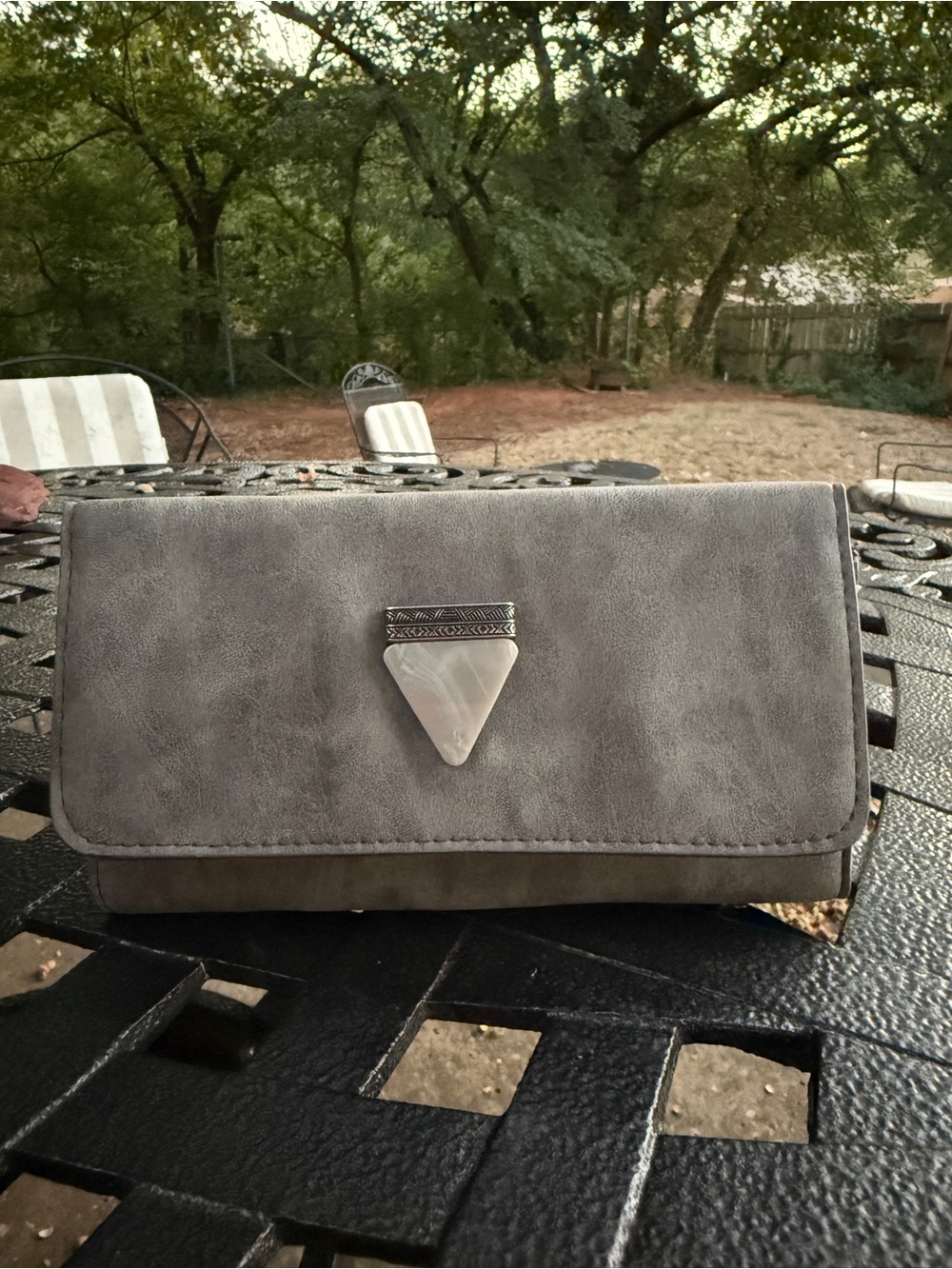Gray Suede-Look Triangle Accent Clutch